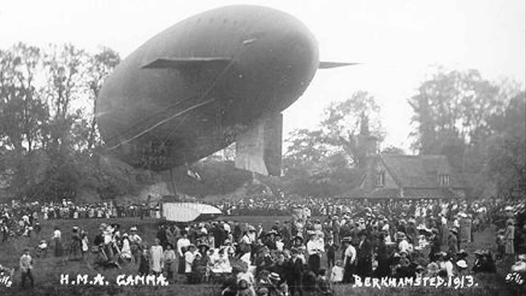 dirgible balloon landing in the castle grounds
