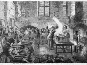 engraving of a busy Victorian soup kitchen