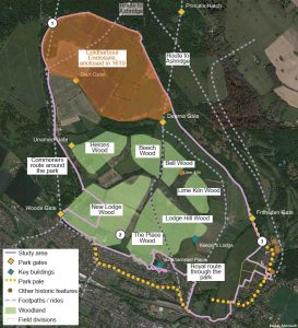 historical map of the deer park showing woodlands