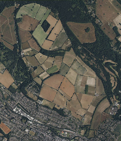 Berkhamsted Deer park boundaries overlaid on a satellite image of Berkhamsted